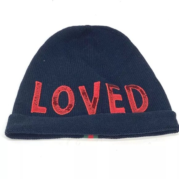 GUCCI Sequin Love logo LOVED beanie hat knit hat knit cap Knit hat wool Navy - Picture 1 of 7